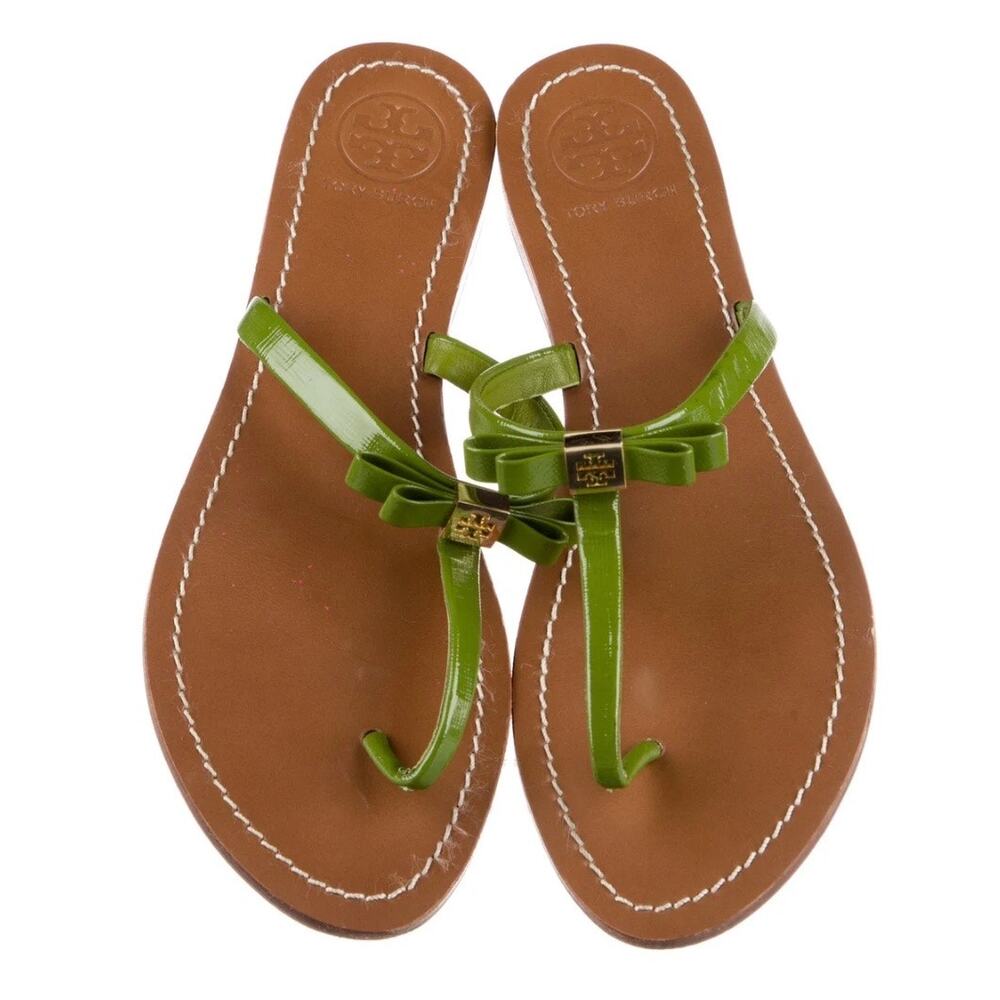 Tory Burch Green Patent Leather Bow T-Strap Flat Sandals 10 - Picture 3 of 5